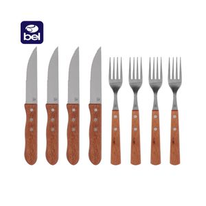 Jogo de Talheres Premium em Inox com Cabo de Madeira Para Churrasco 8 Peças Bel