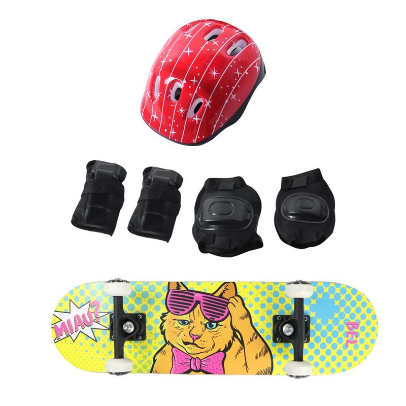 Skateboard Radical Iniciante + Kit Proteção Completo Estampas Sortidas Bel