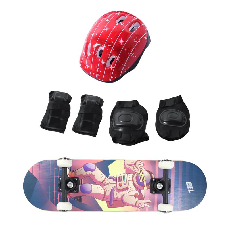 Skateboard Radical Iniciante + Kit Proteção Completo Estampas Sortidas Bel