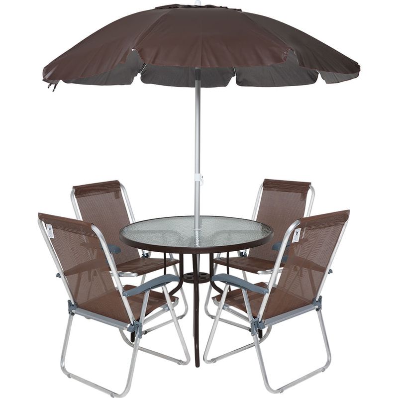 Conjunto Trancoso 4 Cadeiras Relax + Mesa + Guarda-sol Marrom Bel